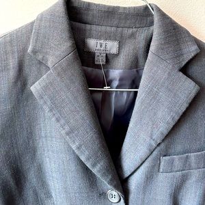 JWE Designs Gray Blazer with light blue pin stripes. Size 6